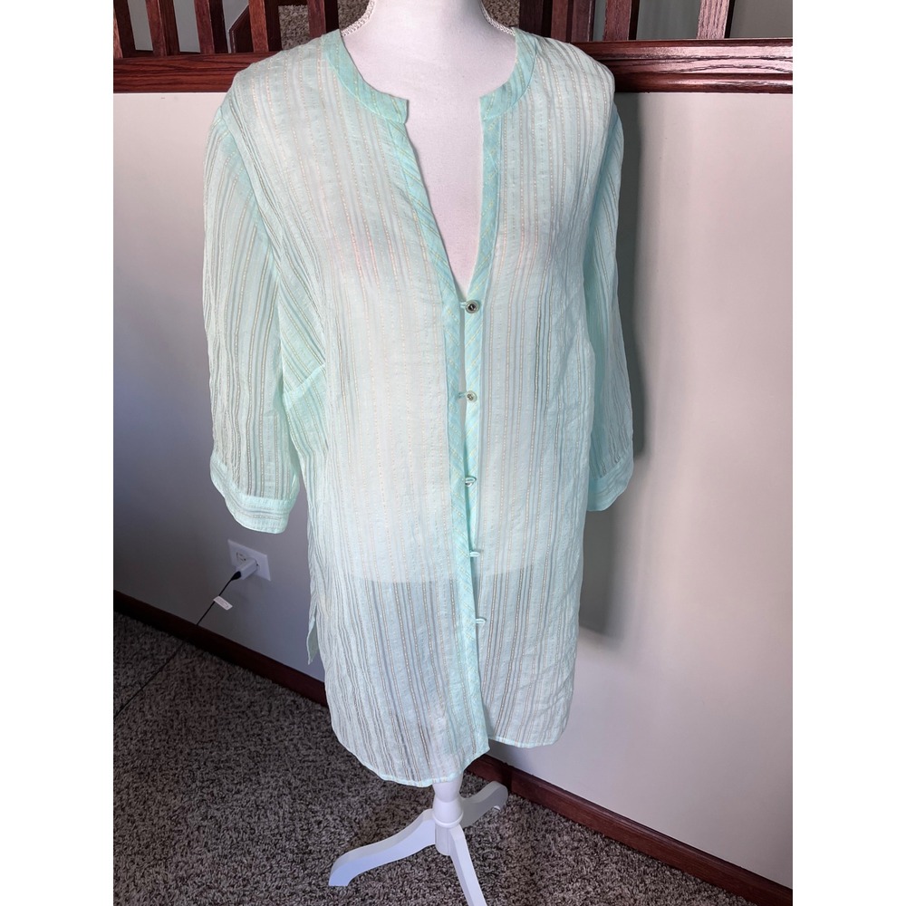 JH Collectibles Mint Green Metallic Stripe Button Front Tunic Top 2X